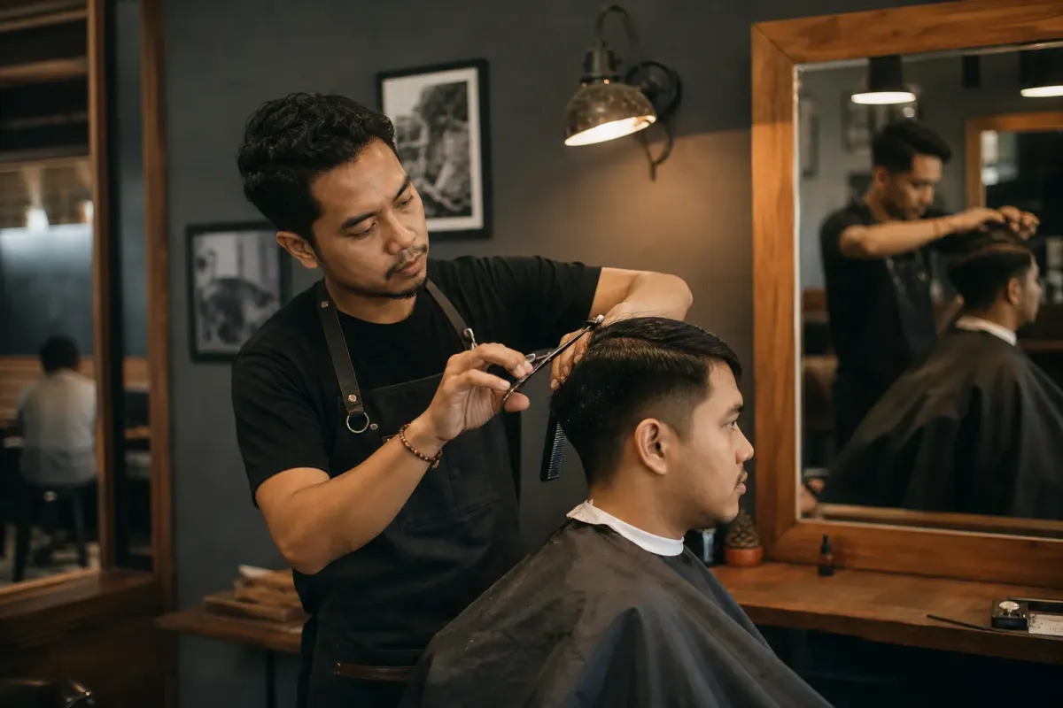 Interior barbershop dengan kursi dan cermin